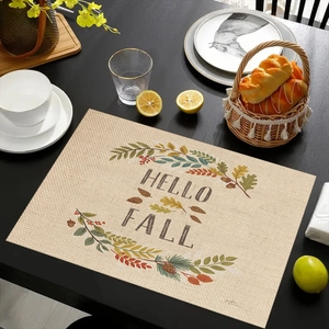 Λεπτομέρεια από λινό σουπλά Hello Fall με φθινοπωρινό στεφάνι και σχέδιο με φύλλα σφενδάμου