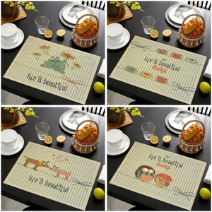 Life Is Beautiful Linen Place Mats Cartoon Animal Printed Heat Insulated Table Mats Kitchen Dining Room Decoration Rectangular