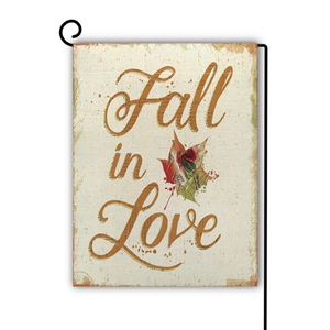 Zweiseitige Gartenflagge aus Leinen mit Fall in Love Schriftzug und Vintage-Ahornblatt