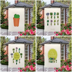 Set of 4 double-sided linen garden flags featuring cute cactus and succulent designs