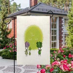 Detail of custom linen garden flag with cactus cartoon characters in a lush yard