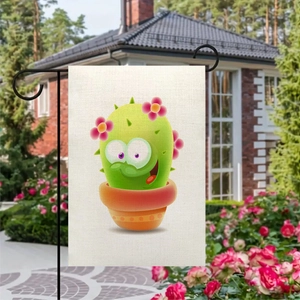 Detail of garden flag featuring a cute cactus pattern on high-quality polyester fabric