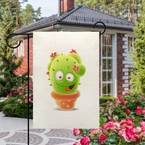 Close-up of double-sided linen garden flag with cartoon cactus and flower on metal stand