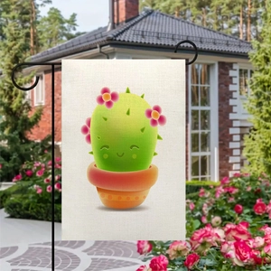 Garden flag detail showing a cute cartoon cactus design on textured linen fabric