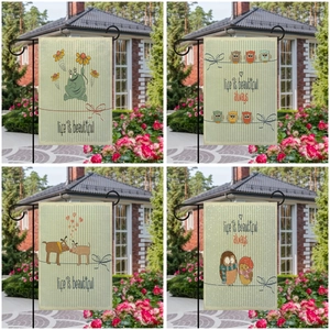 Double Sided Linen Garden Flag Life Is Beautiful Quote Cartoon Owl Frog Dog Bird Pattern Outdoor Yard Lawn Home Decor
