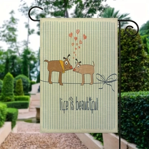 Linen garden flag with cute dogs design and life is beautiful text on metal stand