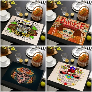 Placemat Linen Day Of The Dead Sugar Skull Floral Pattern Heat Resistant Dining Table Kitchen Halloween Party Decoration