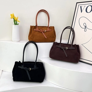 Minimalist faux suede tote bag set in brown and black with buckle strap details