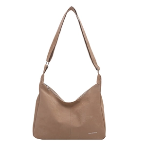 Brown vintage suede tote bag with Tidal Dryness logo and zip closure for women