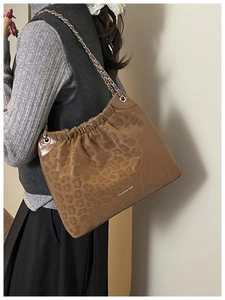 Detail of leopard print tote bag with silver chain strap and Creative Cat branding