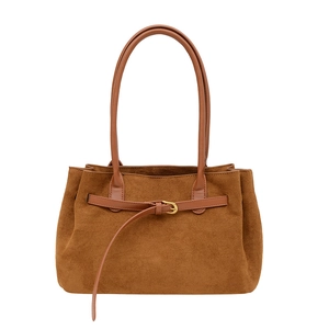 Brown suede large capacity shoulder bag with leather belt buckle and smooth handles