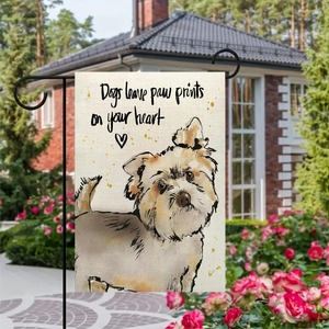 Linen garden flag with watercolor Yorkshire Terrier and paw print quote in backyard