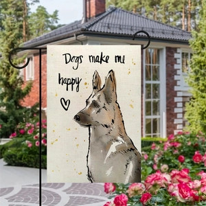 Outdoor garden flag with German Shepherd watercolor art and 'Dogs make me happy' text