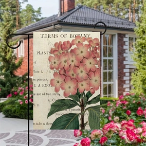 Bandiera da giardino in lino bifacciale con fiori botanici e supporto metallico nero
