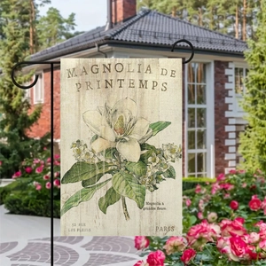 Dettaglio bandiera da giardino in lino bifacciale con magnolia e design vintage di Parigi