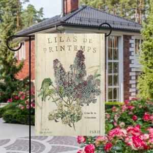 Dettaglio della bandiera da giardino in lino con stampa floreale lilla vintage