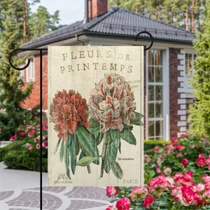 Bandiera da giardino in lino fronte-retro con fiori di rododendro vintage su supporto
