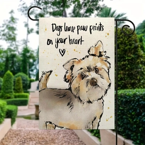 Double-sided linen garden flag with Yorkshire Terrier dog and metal stand set