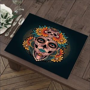 Linen placemat with Day of the Dead sugar skull girl and marigold floral print
