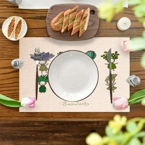 Tovaglietta in lino con piante succulente e isolamento termico su un tavolo in legno