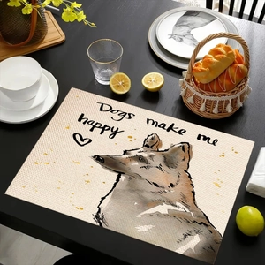 Tovaglietta in lino con illustrazione di cane su tavolo da pranzo nero con decoro