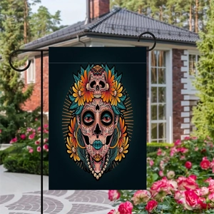 Dettaglio bandiera da giardino in lino fronte-retro Giorno dei Morti con teschio