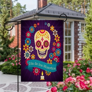 Close-up of double-sided linen garden flag with skull and flowers for Day of the Dead