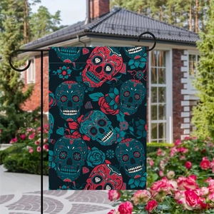 Detailed close-up of double-sided linen Day of the Dead garden flag with sugar skull design