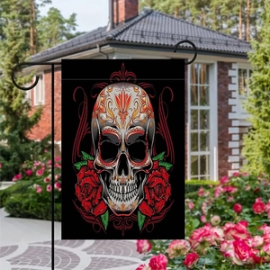 Detail of Day of the Dead double-sided linen garden flag with sugar skull and roses