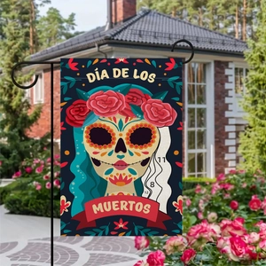 Detailed double-sided linen garden flag showing vibrant Day of the Dead skull and roses