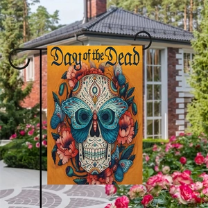 Outdoor garden flag with Day of the Dead sugar skull and floral art on yellow linen