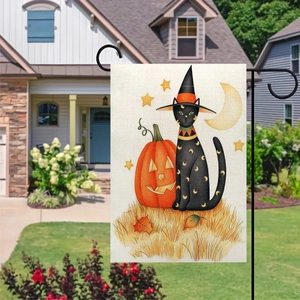 Dettaglio della trama della bandiera da giardino in lino per Halloween con zucca e gatto