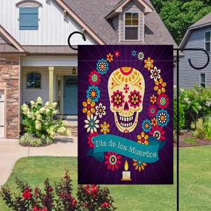 Dia de los Muertos garden flag with colorful sugar skull on purple linen outdoor banner