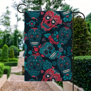 Double-sided linen Day of the Dead garden flag with colorful sugar skull design