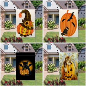Bandera Da Giardino Halloween Lino Doppio Lato Zucca Gatto Nero Motivo Pipistrello Decorazione Esterna Cortile