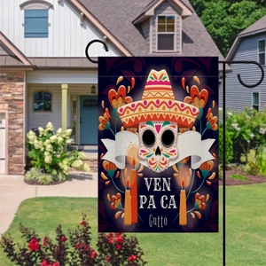 Double-sided Day of the Dead linen garden flag with skull and sombrero outdoor decor