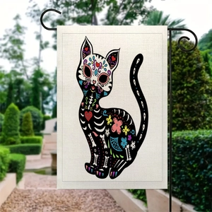 Double-sided linen garden flag with Day of the Dead cat skull for outdoor decoration