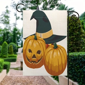 Σημαία κήπου Halloween με κολοκύθα και καπέλο μάγισσας σε μαύρη μεταλλική βάση στήριξης