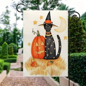 Bandiera da giardino di Halloween bifacciale in lino con gatto nero e zucca su supporto