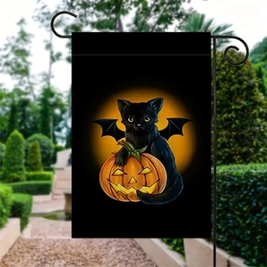 Bandiera da giardino di Halloween con gatto nero e zucca inclusa asta di metallo
