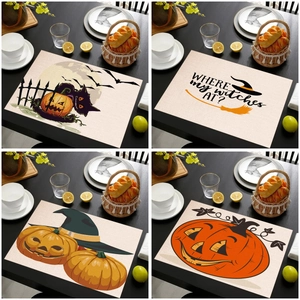Halloween Kürbis Hexenhut Muster Leinen Tischsets Wärmeisoliert Dekorativ Küche Tischmatte Für Esszimmer Party