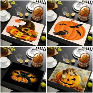 Halloween Placemats Linen Pumpkin Witch Black Cat Pattern Heat Resistant Dining Table Decoration