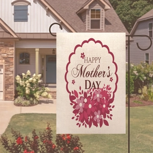 Close-up of Mother's Day garden flag on a metal pole with outdoor backyard scenery