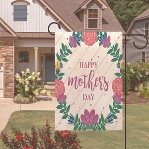 Detail of double-sided linen Mother's Day garden flag with floral wreath and metal stand
