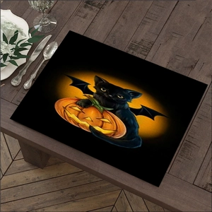 Halloween placemat featuring black cat and pumpkin design on a rustic wooden table
