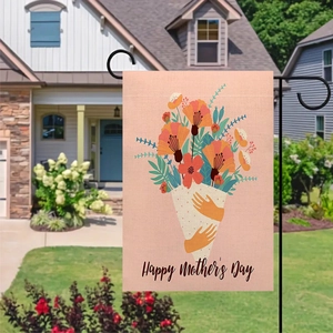 Drapeau de jardin fête des mères en lin avec tulipes roses et motif bouquet de cœur