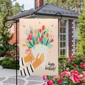 Drapeau de jardin en lin double face avec tulipes et texte Happy Birthday pour extérieur
