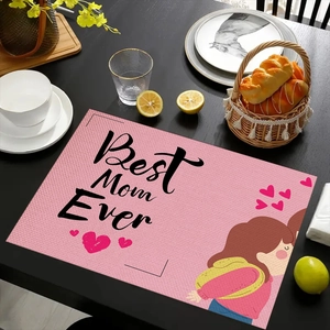 Detail of pink linen placemat with Best Mom Ever print and cute heart illustrations