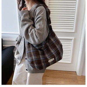 Detailed shot of retro plaid shoulder bag with vintage pattern and power off label