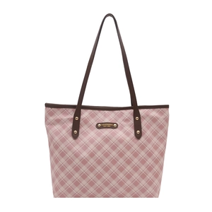 Grande borsa tote a scacchi rosa con manici in pelle marrone e placca in metallo dorato
